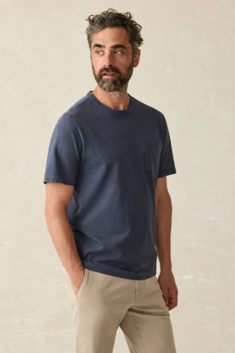 Faherty Sunwashed Pocket Tee - Dune Navy, a soft, comfortable tee for everyday wear, layering, travel and weekend adventures