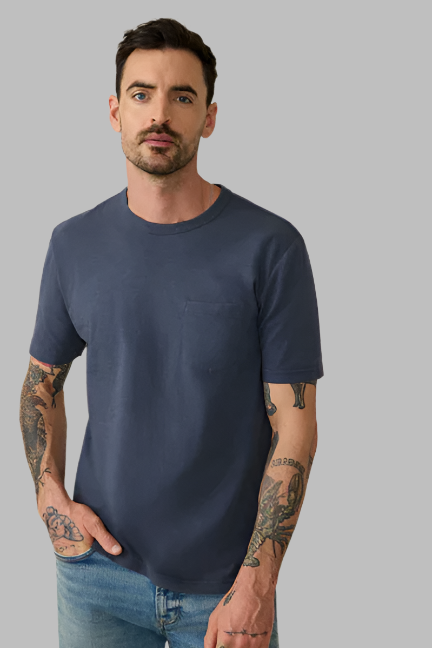 Faherty Sunwashed Pocket Tee - Dune Navy, a soft, comfortable tee for everyday wear, layering, travel and weekend adventures
