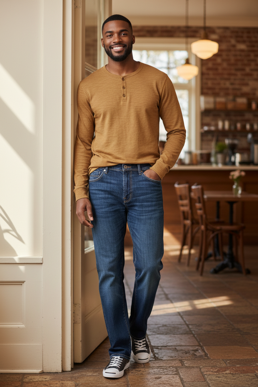 Man wearing the Liverpool Sutton Loose Denim in Breckenridge with the DUER Slub Jersey Henley in Caramel at a cozy restaurant, an easy outfit for dinners out, coffee dates and relaxed weekends