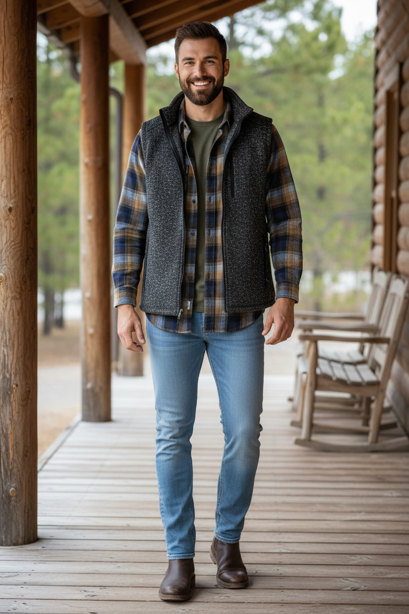 Man wearing the Bigfoot Mountain Outfitters Sweater Vest in Black Heather over a True Grit plaid shirt with AG Everett Jean in Saltillo, a warm layered look for crisp mornings, cabin weekends and holiday gatherings