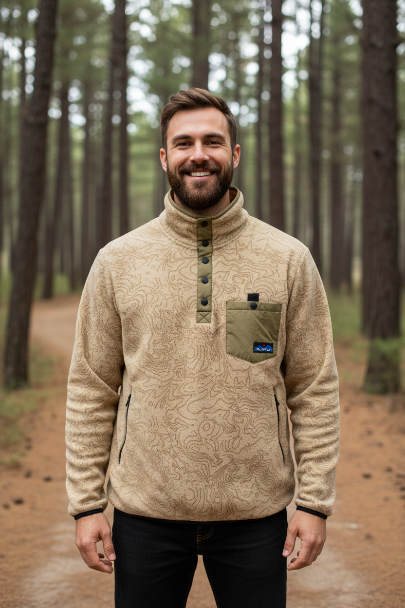 KAVU Teannaway Pull Over in tan, made for forest trail walks, cool-weather hikes and cabin weekends — a warm snap-neck fleece that layers easily over a tee.