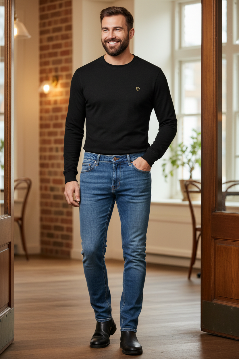 Man wearing the AG Tellis Jean Tailor with the Fjällräven Bergtagen Merino L/S Shirt in Black at a cozy restaurant, an easy outfit for dinners out, coffee dates and relaxed weekends
