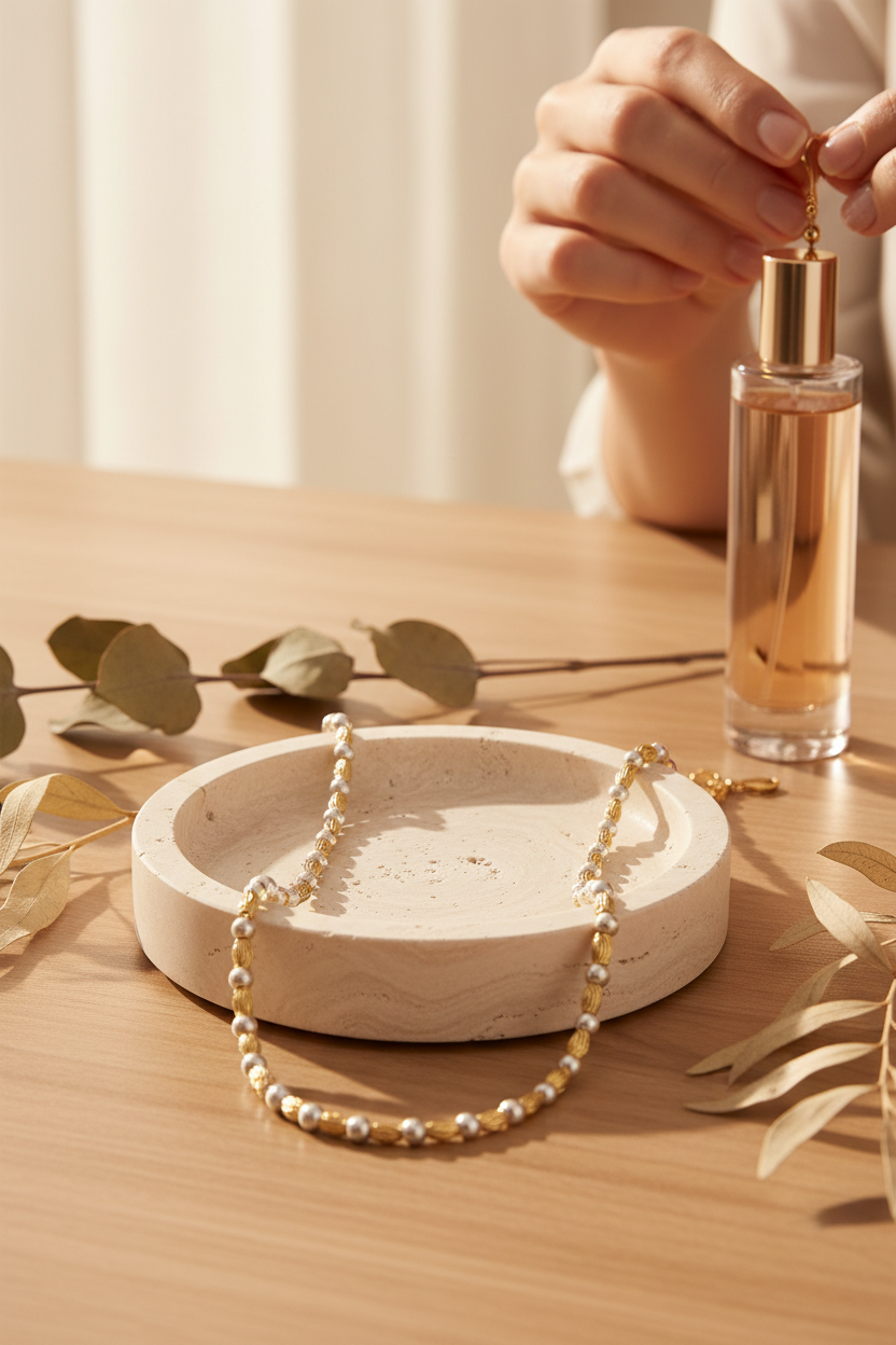 Textured Oval and Gold Beaded Necklace on a travertine jewelry dish, perfect for layering, everyday wear and gifting