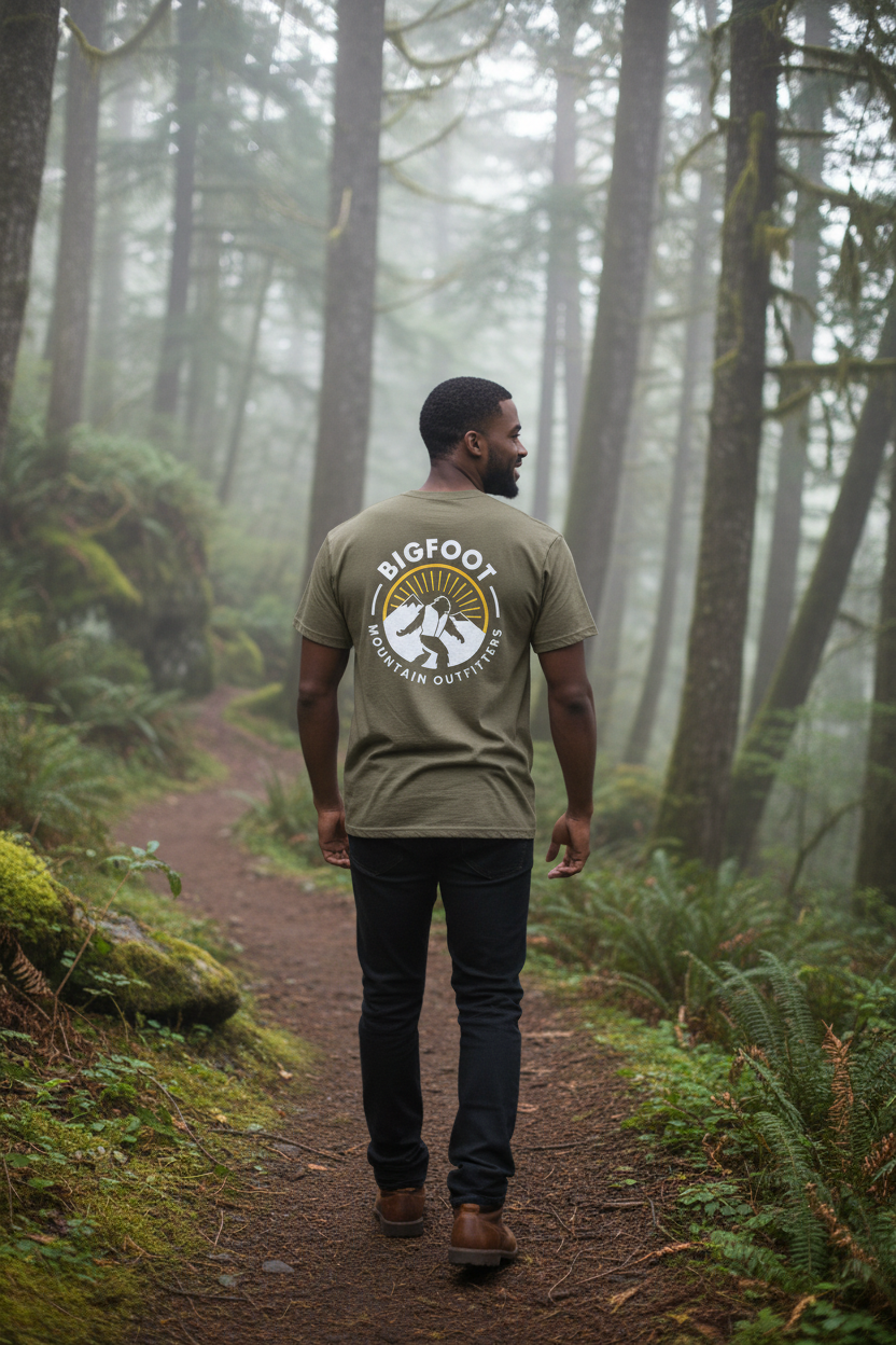 Bigfoot Mountain Outfitters OG T-Shirt in dune worn on a misty PNW forest trail, a comfortable logo tee for hikes, camping trips and weekends outdoors.