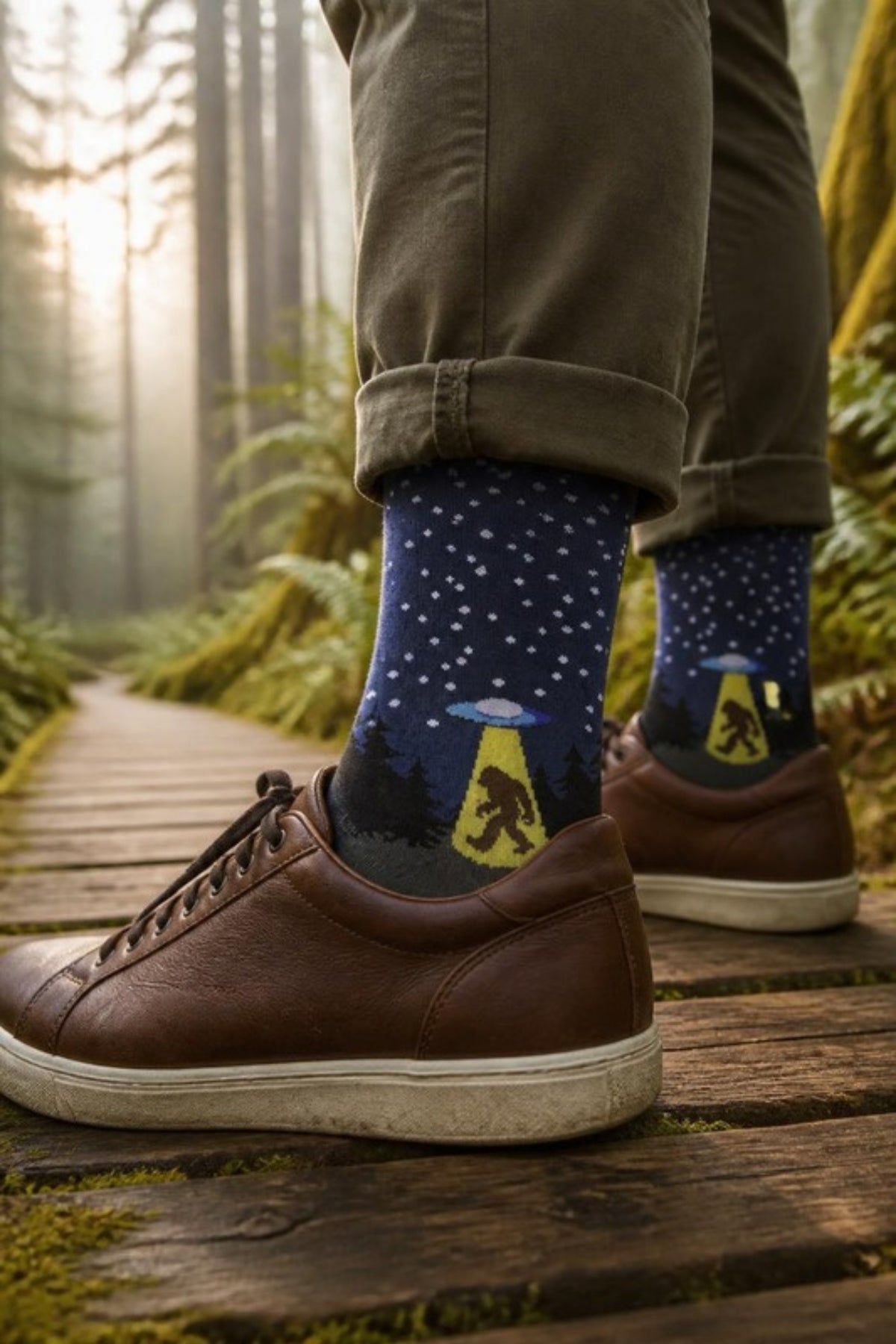 Johnston & Murphy UFO Yeti Socks worn with olive chinos and leather sneakers on a mossy forest trail, fun Pima cotton Bigfoot socks for hikes, weekend adventures and Sasquatch fans, and an easy gift or stocking stuffer