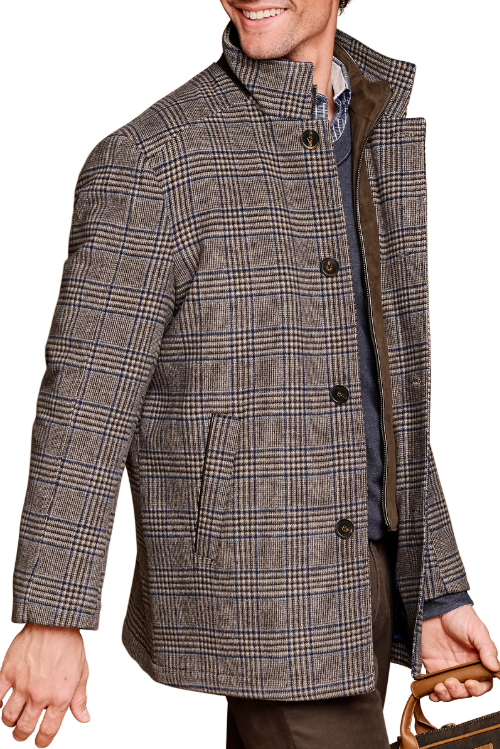 Johnston & Murphy Upton Car Coat - Brown Plaid, a versatile jacket for cool mornings, fall weekends, travel and everyday layering