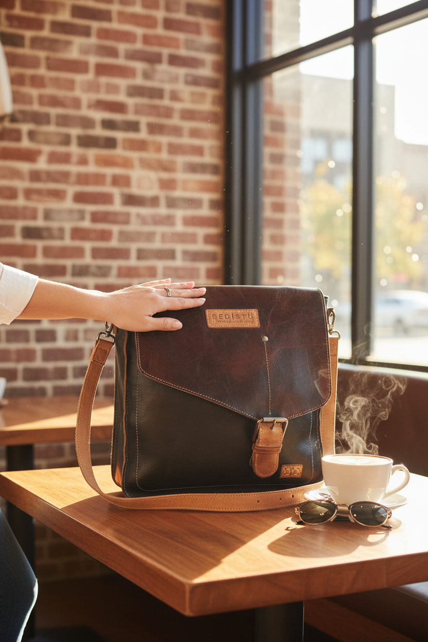 BedStu Venice Beach bag in Java Rustic on a cafe table in a cozy boutique, perfect for everyday errands, weekend outings and travel