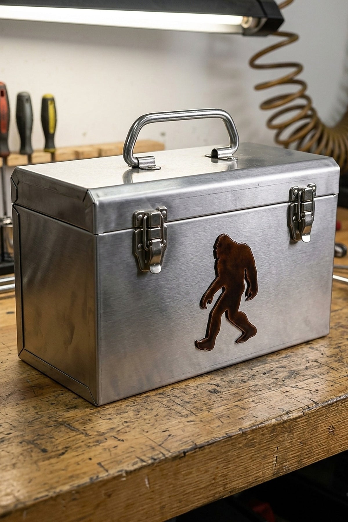 Paradise Cay Publications Walking Bigfoot small magnet on a metal toolbox in a workshop, a rusted steel Bigfoot magnet for the toolbox, fridge or filing cabinet and an easy stocking stuffer