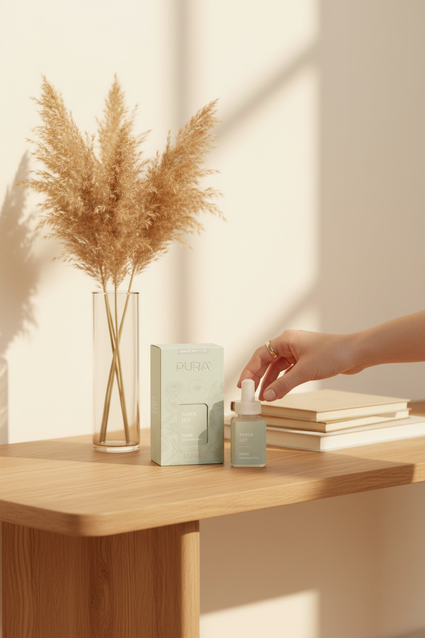 Pura Water Lily Pet Malodor smart vial on a styled console table in a warm living room, perfect for keeping pet homes smelling fresh