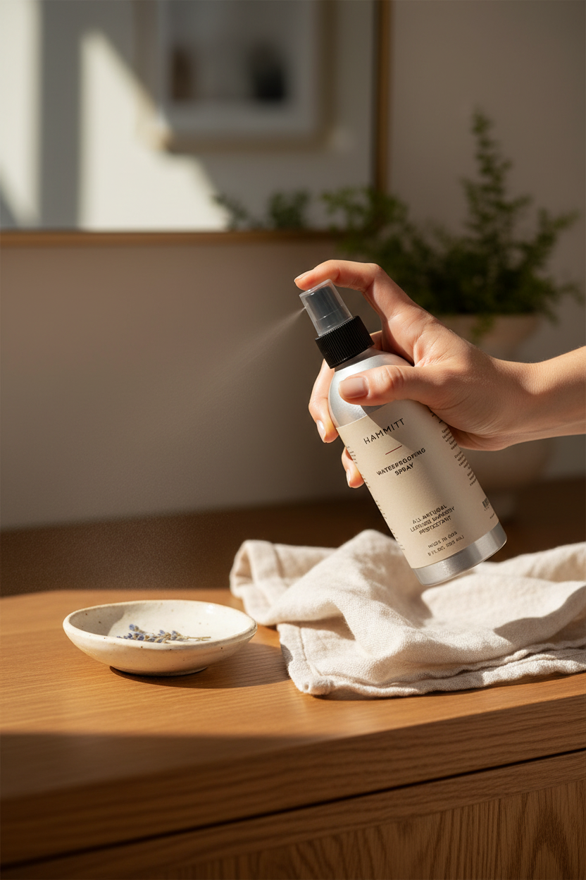 Hammitt Water Proofing Spray on a warm wood vanity, perfect for caring for and protecting leather bags