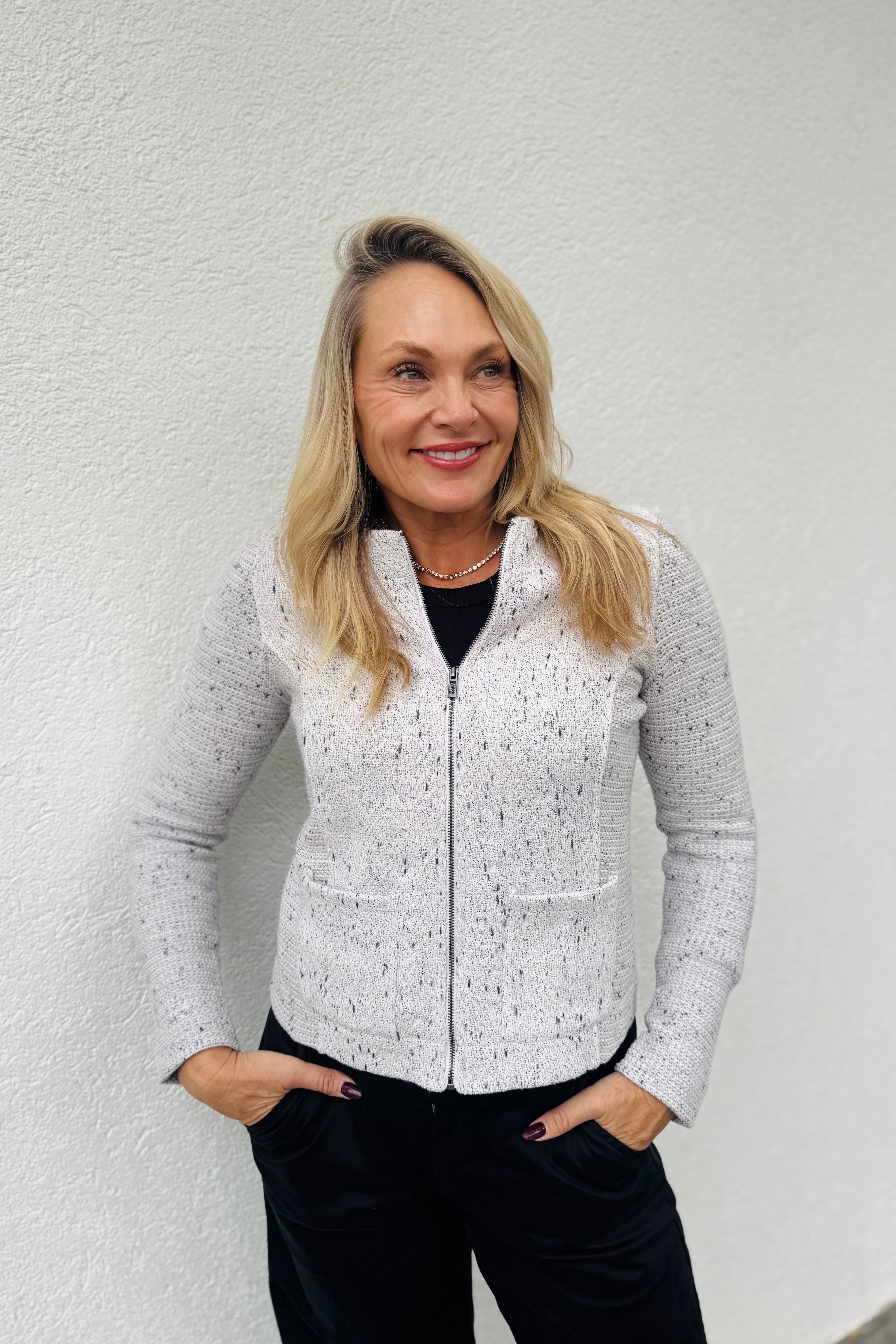 Weave Mix Knit Zip Jacket - Sugar Cookie