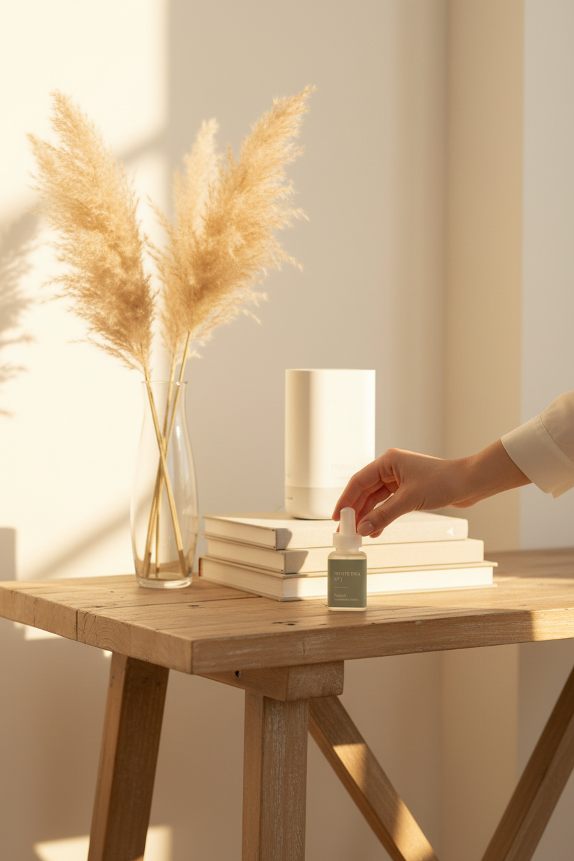 Pura White Tea No. 1 smart vial on a styled table in a warm living room, perfect for filling your home with fragrance and easy gifting