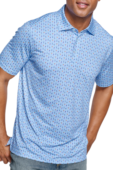 Johnston & Murphy XC4 Performance Martini Print Polo in Blue Multi Martini, a polished, comfortable polo for the golf course, the office, summer dinners and weekends
