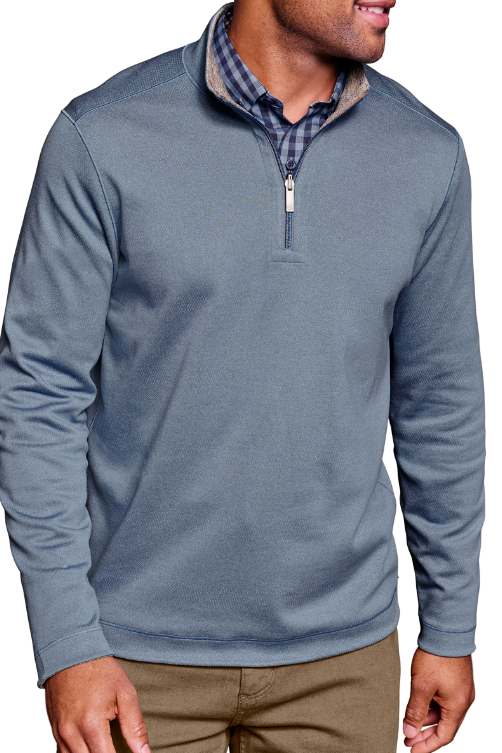 Johnston & Murphy XC4 Performance Reversible 1/4 Zip - Blue/Light Grey, a soft, comfortable layer for cool evenings, travel days, campfires and weekend errands