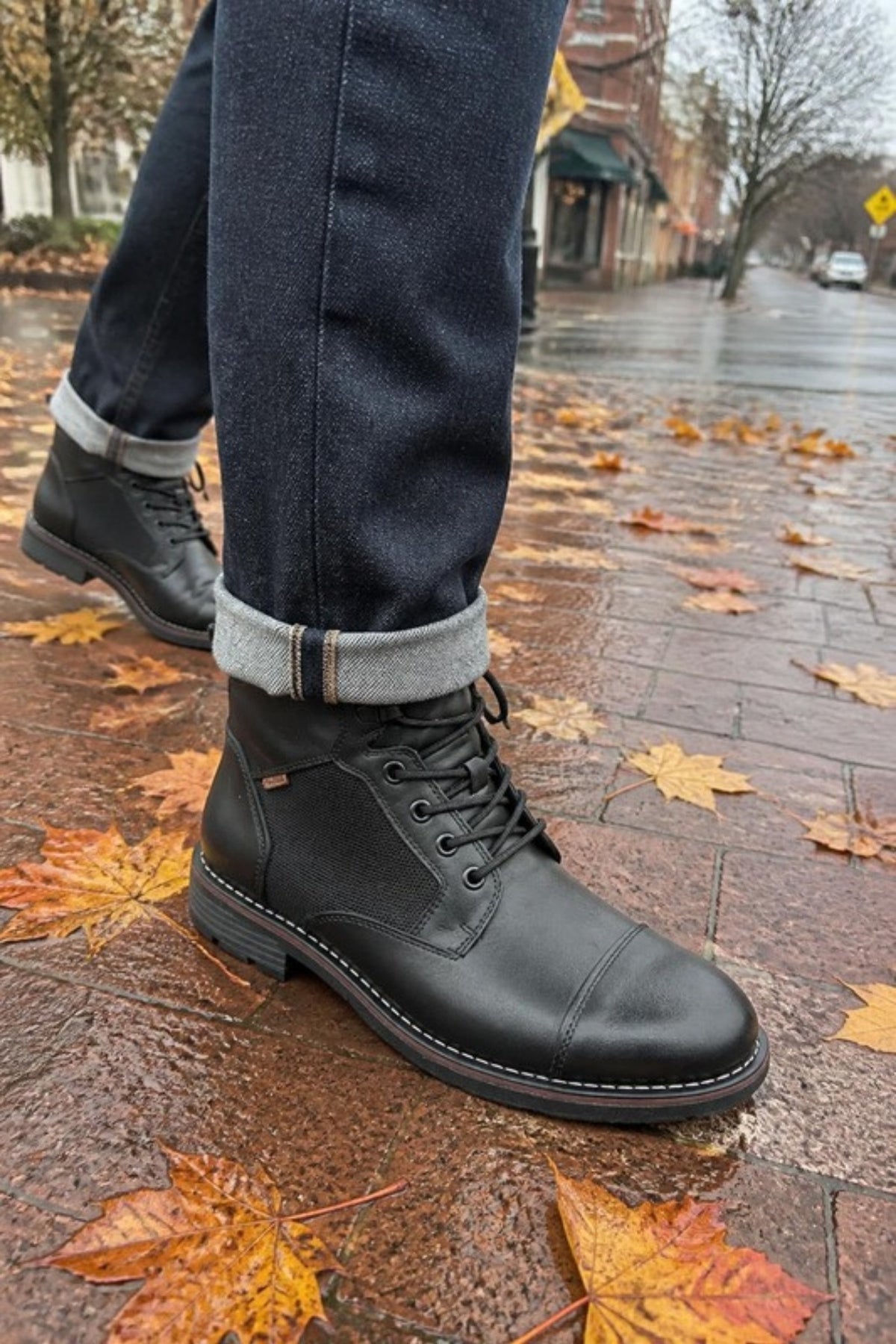 Pikolinos York Boot in Black calfskin leather with a cushioned collar and grippy studded sole, worn with cuffed dark jeans on a rainy brick sidewalk, a weather-ready lace-up boot with an inside zip for wet PNW fall days, commuting, date nights and dressing up denim