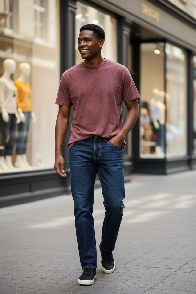 Man wearing the Mavi Zach Denim in Rinse Feather Blue with the Rhythm Classic Vintage Tee in Merlot on a city shopping street, an easy outfit for city strolls, shopping and weekend errands