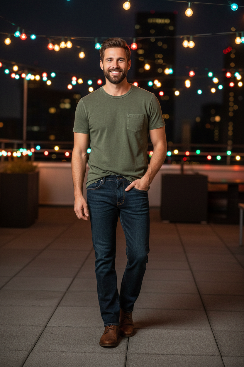 Man wearing the Mavi Zach Denim in Dark Rinse Feather Blue with the DUER PurePima Pocket Tee in Washed Kelp at an evening rooftop event, an easy outfit for evening events, rooftop parties and nights out