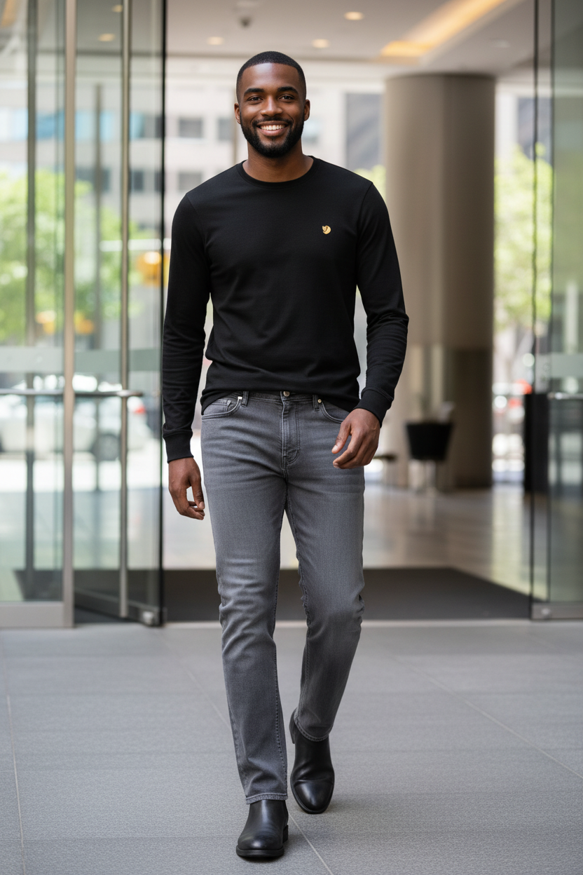 Man wearing the Mavi Zach Straight Leg Pant in Smoke with the Fjällräven Bergtagen Merino L/S Shirt in Black in a modern office, an easy outfit for the office, casual Fridays and business-casual days