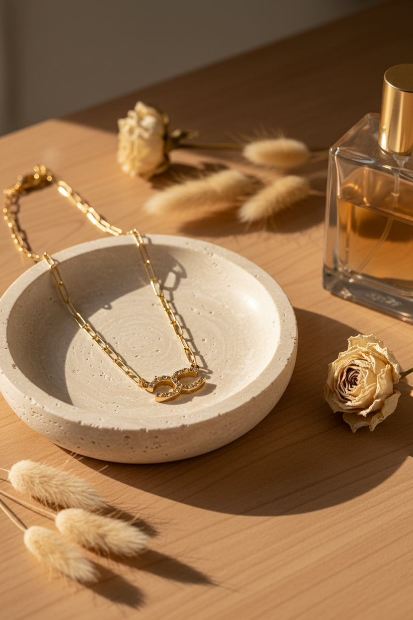 French Kande Zenobia Necklace draped on a travertine jewelry dish, perfect for layering, everyday wear and gifting