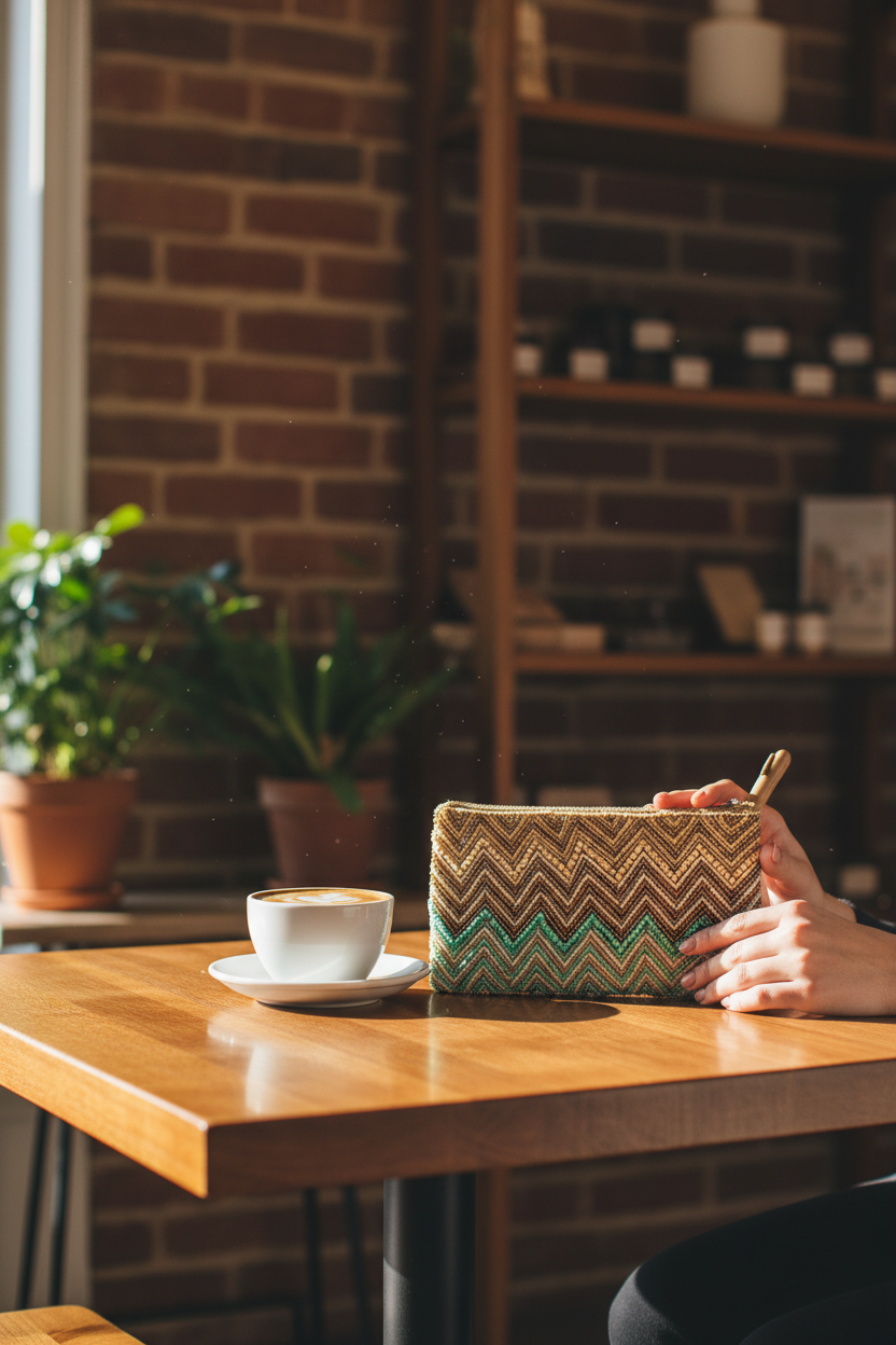 Bali Queen Zig Zag Clutch on a cafe table in a cozy boutique, perfect for date nights, events and weekend outings
