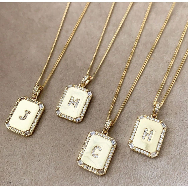 Gold Lock Necklace with Initial Letter Zircon, G