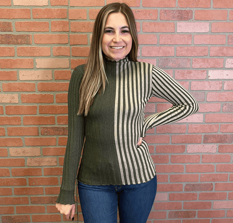 Mystree - Lettuce Edge Striped Sweater in Olive/Taupe - Arktana - Sweaters